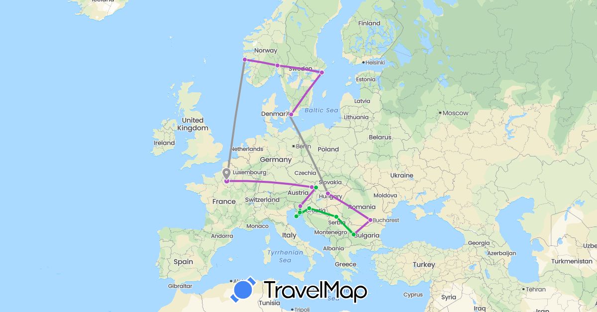 TravelMap itinerary: driving, bus, plane, train in Austria, Bulgaria, Denmark, France, Croatia, Hungary, Norway, Romania, Serbia, Sweden, Slovenia, Slovakia (Europe)